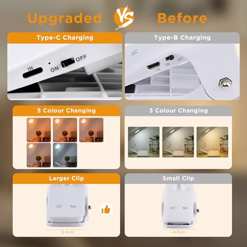 Akynite Clip on Light LED Desk Lamp 5 Brightness+5 Colors Rechargeable Lamp - color: White