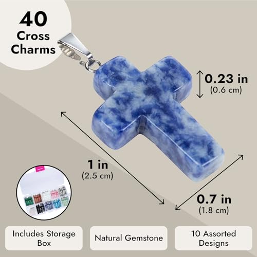 Genie Crafts Cross Charms for Jewelry Making Kit - 40-Piece Assorted Gemstone Cross Charms, 10 Colors - Storage Case & Pendant Bails, Keychain Making Kit