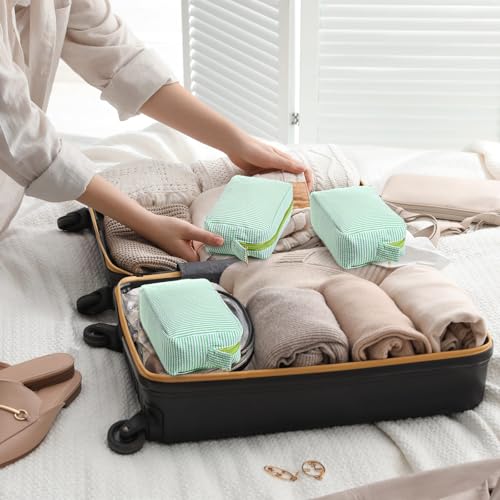 Sanwuta 10 Pcs Seersucker Cosmetic Bag Seersucker Makeup Bag Women Stripe Large Travel Toiletry Organizer Preppy Storage Pouch for Embroidery Wedding Bridesmaid Bride Mom (Green) - color: Green