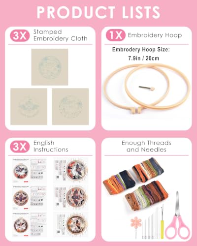 TINDTOP Halloween Embroidery Kit for Adult, 3 Pack Embroidery DIY Starter Kit, with Stamped Patterns, Hoop, Tools, Colorful Threads with Needles, Instructions - color: Halloween B