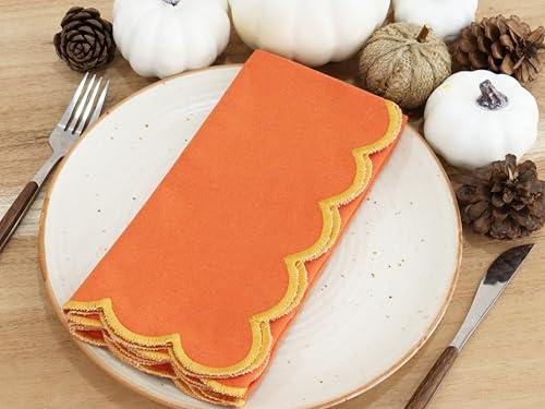 PurpleEssences Scalloped Cloth Napkins 18x18 in - Orange Edge Golden Yellow - color: Orange(edges- Golden Yellow)