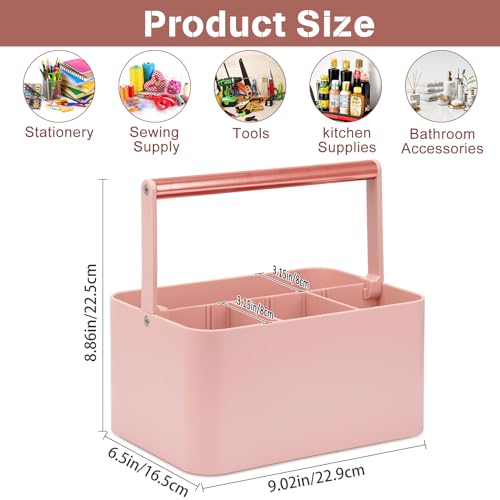 Multipurpose Caddy Organizer with Handle and Adjustable Divider, Portable Art Supply Storage Organizer for Art Craft Supplies, Dorm, Office, Bathroom, Shower, Cleaning, Makeup (Rose Gold)