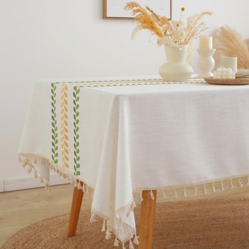 AMZALI Cotton Linen Square Tablecloth Embroidery Leaf Pattern Weight Farmhouse Table Cloth Tabletop Decoration Tassel Wrinkle Free Table Cover for Dining Outdoor and Indoor - color: Color Leaf, size: 55" x 55" (Square)