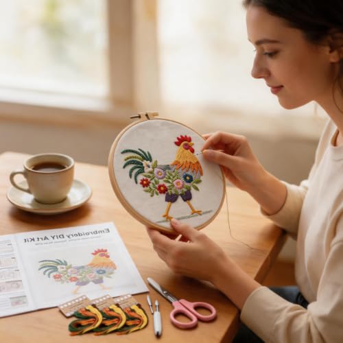 Herdiese Embroidery Kit for Beginners, Rooster Flower Set with Hoop - color: Chicken