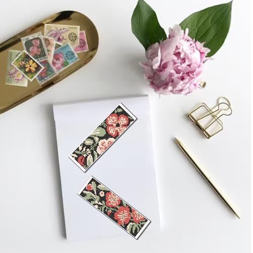 FREEBLOSS 6 Set Cross Stitch Bookmark Kits 8"x2.4" Red Flowers on Black - style: Flat style