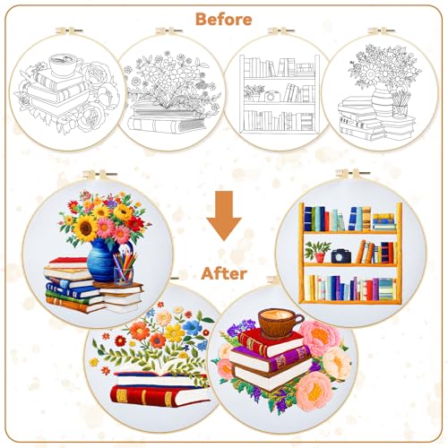 BEUNITONE 4 Set Book Flower Embroidery Kit for Adult Beginners 7.9x7.9 DIY Cross Stitch Kits Needlepoint Starter Kit with Pre-Printed Design and Hoops, Stamped Embroidery Kit for Home Ofiice Decor - style: B-Book Flowers