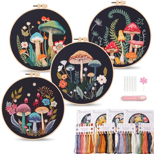 Harimau Adult Beginner Embroidery Starter Kit, Complete Set with 4 Patterns, 2 Hoops, Needles, Scissors, Instruction Guide & Stitching Video Tutorials - color: Mushroom pattern