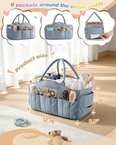 Marscamd Quilted Baby Diaper Caddy with Detachable Divider and Wipes Pocket - color: Dusty Blue