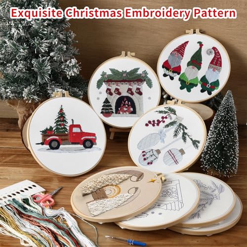 Canlierr 10 Sets Christmas Embroidery Kit with Patterns Instructions Needle Thread Tool Christmas DIY Cross Stitch for Adult Beginner Lover Xmas Holiday Party Supplies(Vivd Style) - style: Vivd Style
