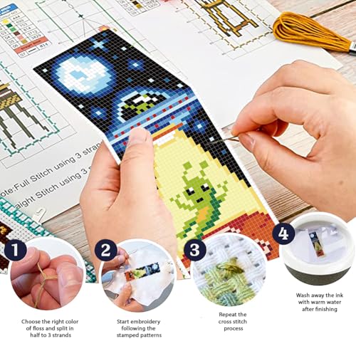 FREEBLOSS 6 Set Cross Stitch Bookmark Kit Planets Pattern Stamped Cross Stitch Kit 11CT Embroidery Kits with Instructions for Beginners Adult 20x6cm/8x2.4inch - style: Universal UFO