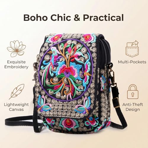 Embroidery Flowers Canvas Crossbody Bag, Women Messenger Bag, Cellphone Pouch Purse - color: Red