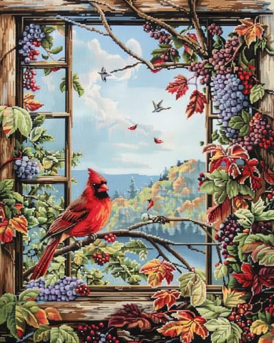 Red Cardinal Bird Perched on Window DIY 11CT Stamped Cross Stitch Kits for Beginners Easy Needlepoint Embroidery Counted Cross Stitch Art Craft for Wall Decoration 16x20inch(2)