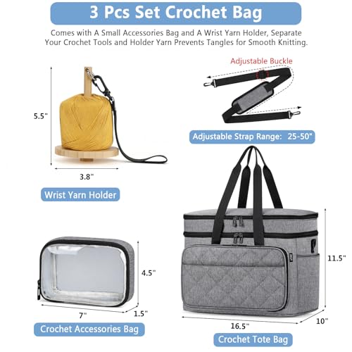 Crochet Organizer Bag with Yarn Holder, Large Yarn Storage for Accessories - color: Gray