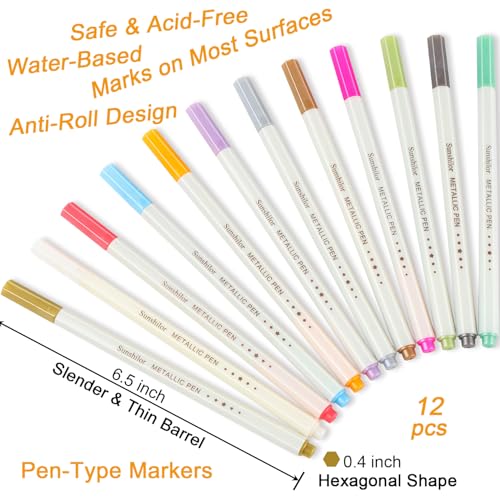 Sunshilor Metallic Markers Fine Point Metallic Marker Pens for Black Paper, Rock Painting, Easter Egg, Halloween Pumpkin, Card Making, Metal, Ceramic, Wine Glass, Set of 12