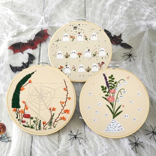 Crafmanoe Cute Ghost Embroidery Kit for Beginners Adults, Halloween Embroidery Starter Kits, Funny Counted Cross Stitch Kits for Beginner Adult Hobbies for Women, 3 Set Embroidery Hoop, Fabric, Thread - color: Cute