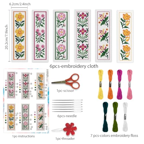 BEUNITONE Cross Stitch Bookmark Kit 6 Pcs Flower DIY Bookmarks Cross Stitch Kits for Adults Beginners with Instructions Cute Pre-Sorted Floss Cross-Stitch Stamped Embroidery Kit for Gifts 8''x2.4'' - style: Trivia Flowers