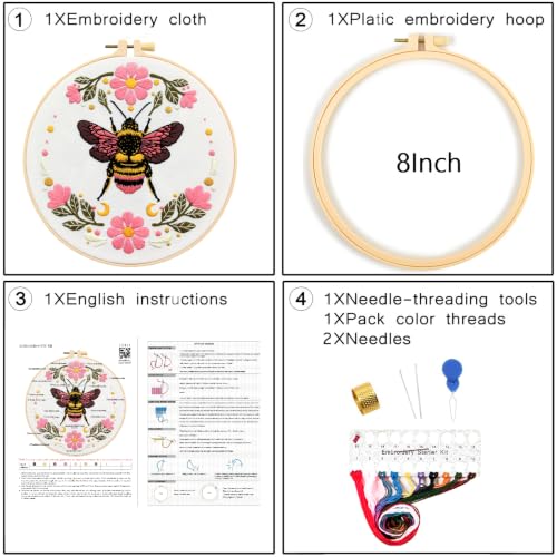 Bees Flowers Embroidery Kits for Beginners Adults, Hand Embroidery Starters Kits, Floral Stamped Cross Stitch Kits DIY Needlepoint Kits for Beginners Adults, Embroidery Hoop, Thread and Video Tutorial - color: H2111