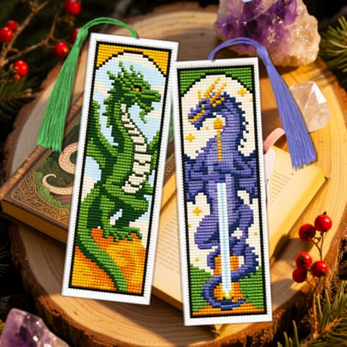 ACRNIGHEET 6PCS Cross Stitch Bookmark Kit for Beginner Dragon Stamped Cross Stitch Kits Needlepoint Kit for Adults DIY Tassel Embroidery Bookmark Kits with Instructions Craft Gift 8.5''x3'' 11CT - style: Dragon Patterns