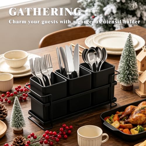 Ewaiira Silverware Caddy Utensil Holder for Party Large 3-Compartment Metal