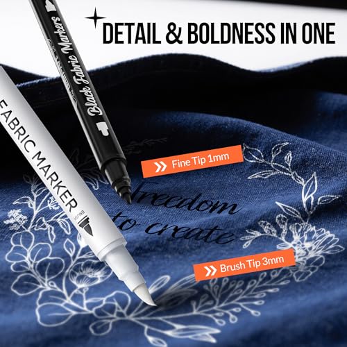 Gain-Art Fabric Marker for Clothes 2PCS, Wash-Resistant, No Bleed, Quick Dry Professional Dual Tip Pen, Permanent Paint for Clothing, Canvas Cover Stains, DIY Art Crafting White &Black