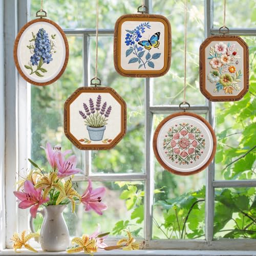 10Pcs Embroidery Hoop Frame, 10 Sizes Imitated Wood Cross Stitch Hoop, Oval Square Rectangle Embroidery Hoop for Cross Stitch, DIY Sewing Craft, Hanging Ornaments Decor, 5 Shape