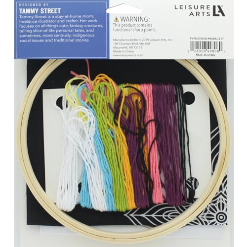 Leisure Arts Embroidery Kit 6" Neon Mandala- cross stitch kits for beginners - embroidery kit for beginners - embroidery kits for adults - embroidery kits for adults