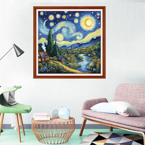 Redxing Counted Cross Stitch Kit for Beginners,Unprinted Needlepoint Kits for Beginners Cross Stitching Embroidery Kit 11CT Stitches kit-Van Gogh's Star River Home 18x18 inch - color: Setpattern06