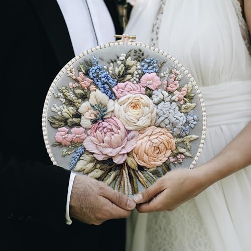 FONNUY Bouquet Flowers Embroidery Kit for Beginners, Pre-Stamped Pattern Kits for Adults with Hoop, Easy to Follow Color Thread Needlework, 8'' Hoop (Heartwarming) - style: Heartwarming