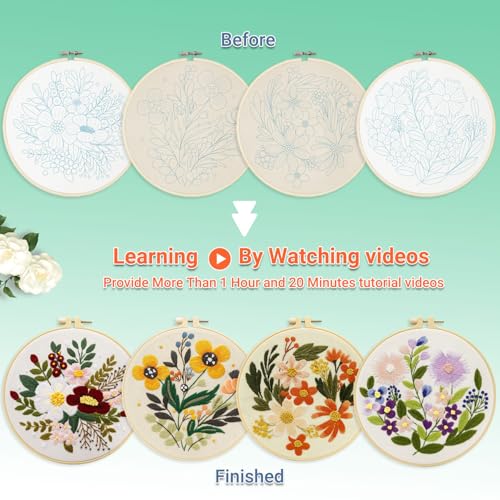Bonroy 4 Sets Embroidery Set for Beginners Art Crafts Easy Sewing Includes Embroidery Clothes with Pattern, Hoop, Instruction Manual, Color Stitch Set (Assorted 1) - color: luxuriant flowers