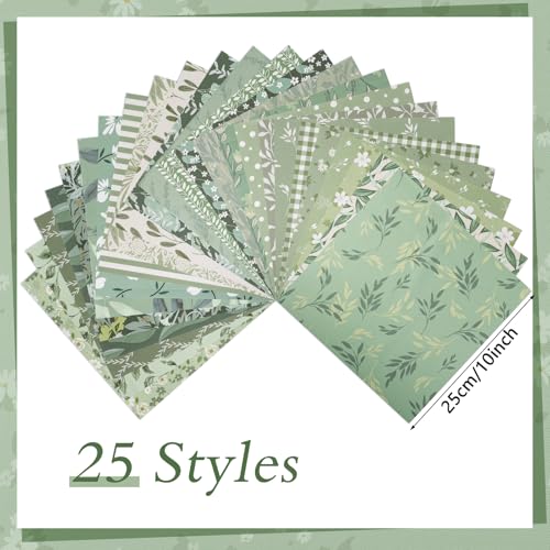 25 Pcs Sage Green Cotton Fabric Squares, 10 x 10 Inch, Precut - color: Green Leaf