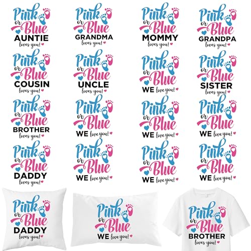 16 Sheets Gender Reveal Iron on Transfers for T-Shirts - style: Pink or Blue
