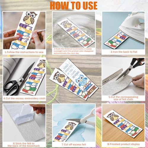 FREEBLOSS 6 Set Cross Stitch Bookmark Kit 11 CT Stamped Cross Stitch Kit DIY Embroidery Bookmark Kits for Adult Beginners with Instructions, Owl Books Pattern, 6 x 20 cm/8" x 2.4" - style: Owl