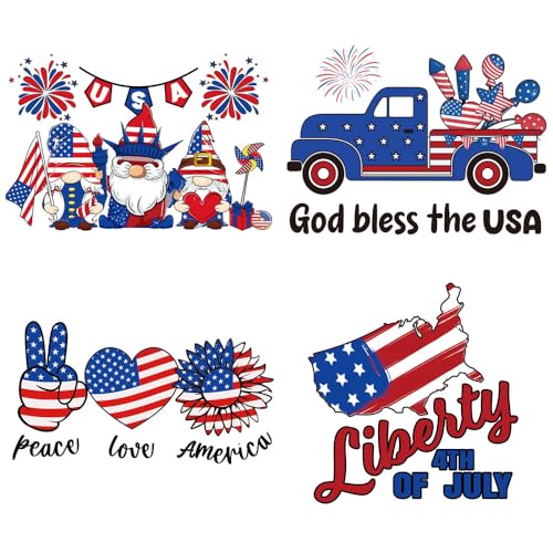 4Pcs 4th of July Iron on Transfers Patches Red Blue White Heat Transfers Vinyl Independence Day Ready to Press Appliques Liberty 4th of July USA Flag Dwarf Iron on Decals for T Shirt Clothes DIY Decor - color: July of 4th B
