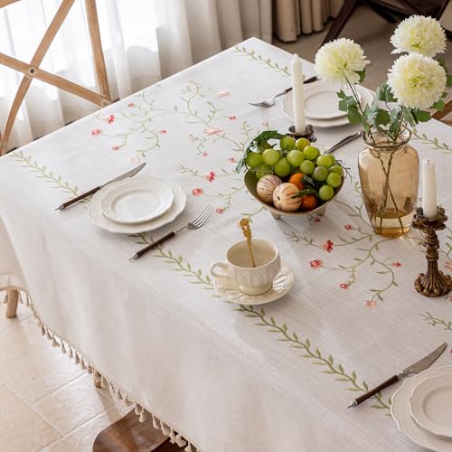 Joyfol Day Linen Spring Flowers Tablecloth with Tassels, Rustic Farmhouse Embroidery Waterproof Table Cloths for Rectangle Tables, Heavy Weight Spill-Proof Table Covers, Pink Florals, 55''x 86'' - color: Pink Florals, size: 86" x 55" (Rectangular)