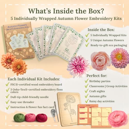 Wooden Flower Lacing Embroidery Kits for Beginners, Set of 5 Learn-to-Stitch Craft Boards, Sewing & Embroidery Art Kits for Kids Ages 8+, DIY Craft Projects, Educational Gifts, Party Favors (Autumn) - style: Autumn