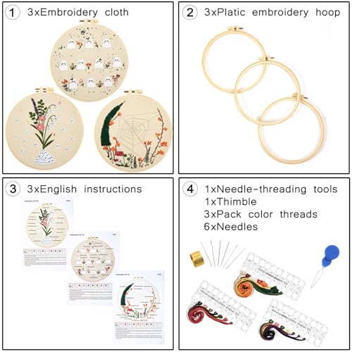 Crafmanoe Cute Ghost Embroidery Kit for Beginners Adults, Halloween Embroidery Starter Kits, Funny Counted Cross Stitch Kits for Beginner Adult Hobbies for Women, 3 Set Embroidery Hoop, Fabric, Thread - color: Cute