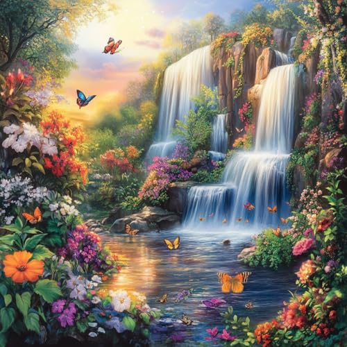 Moohue 14ct Counted Stamped Cross Stitch Kits for Adults Mountain Waterfall Flowers Printed Cross Stitch Patterns Art Crafts Cross Stitch Supplies (Waterfall Mountain) - color: Waterfall Mountain