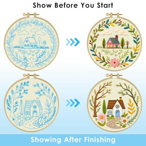 ERKOON Embroidery Kit for Adult Beginners, 2 Set Floral Cross Stitch Set Include Embroidery Cloth Hoops Threads for Craft Lover Hand Stitch with Embroidery Skill Techniques (Flower Cottage) - color: Flower Cottage