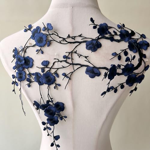 2pcs Iron on Plum Flower Applique Navy Color Embroidery Vine of Floral for Clothing,Costumes - color: Navy