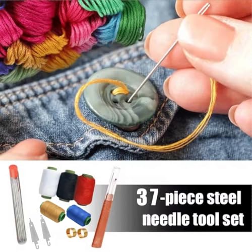 37PCS Big Eye Steel Sewing Tool Set, Needle and Thread Kit, Threader and Needle Repair Kit Stainless Steel Needles for Hand Sewing
