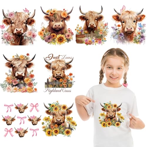 9 Sheets Highland Cow Iron on Transfers for T-Shirts - style: Highland Cow