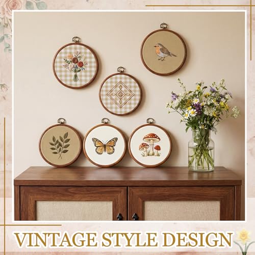 Tudomro 12 Pcs Decorative Embroidery Hoop with Fabric Set 6.7" Round Imitated Wood Cross Stitch Frame & 11.8" Khaki Pre-Cut Cloth Squares for DIY Art Craft Sewing Hanging Ornament - color: Khaki