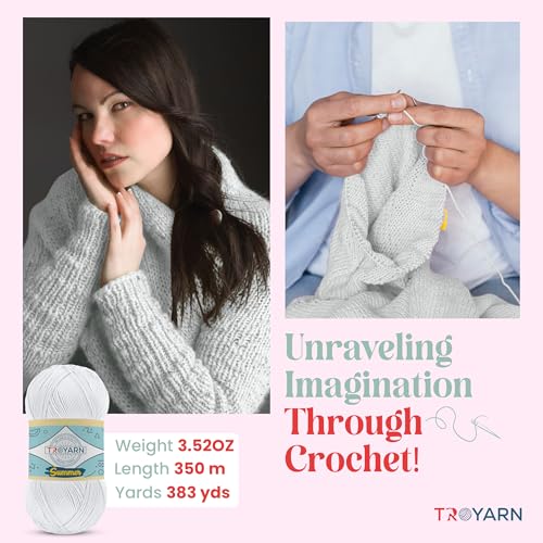 TROYARN Summer (2- Skeins Pack) Silk Effect Hand Knitting Yarn Crochet Art Lace Craft 100% Microfiber Acrylic 2x100 gr (2x383 yds) (1051055 - Sugar White) - color: 1051055 - Sugar White, size: 2 Skein