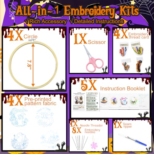 4 Sets Halloween Embroidery Kits for Beginners, Halloween Cross Stitch Kits - color: 4 Set Halloween