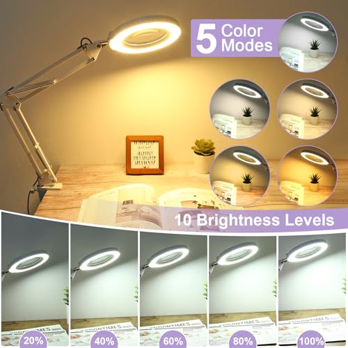 12X Magnifying Glass with Light and Clamp, Real Glass Lens Lighted Magnifier, 5 Color Modes LED Dimmable Desk Lamp Hands Free for Jewelry Crafts Hobby Painting Close Work, White - color: White, size: 12X 17.8inch Clamp