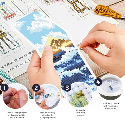 FREEBLOSS 6 Set Cross Stitch Bookmark Kit Cross Stitch Kit Sea Wave Stamped Embroidery Bookmark with Instruction Landscape Cross Stitch Kits for Adults DIY Bookmark Kit 8.66''x3.15'' - style: Waves