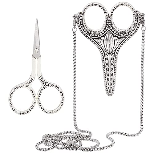 SUNNYCLUE Stainless Steel Sharp Tip Sewing Scissors with Sheath Chain Cutter Safety Precision Detail Embroidery Scissors with Cover Handcraft Art Work DIY Tool for Fabric Paper Cutting Craft - color: Antique Silver-1pc-sewing Scissors With Cover