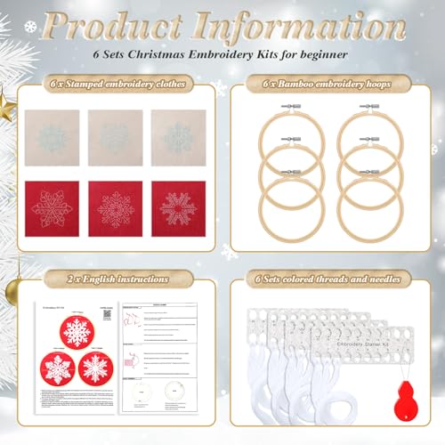 Roowest 6 Sets Christmas Embroidery Kits Snowflake Ornament DIY,Red, White - color: Red, White
