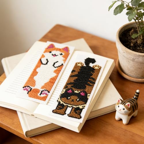 ORIGACH 6 Set Vivid Cute Cat Cross Stitch Bookmark Kit for Beginner - style: Cat