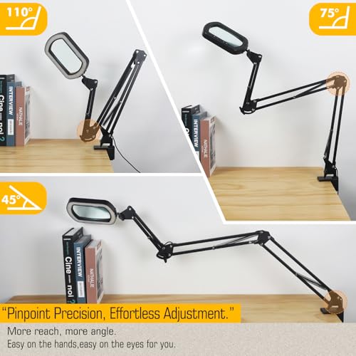 Magnifying Glass with Light Square Magnifier Desk Lamp 10X Close Up Work for Desktop Bench Crafting, Reading, Sewing, Ultra Long Swing Arm 3-Section, 5 Color Modes Design Rectangle Head Controller